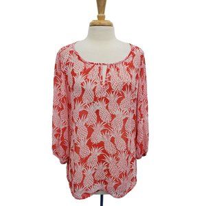 Banana Republic Sheer Pineapple Blouse Top Size L Red White Tropical Novelty
